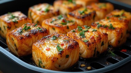 Deliciously grilled salmon portions garnished with herbs and spices on a cooking tray ready to be served at a summer gathering in a backyard