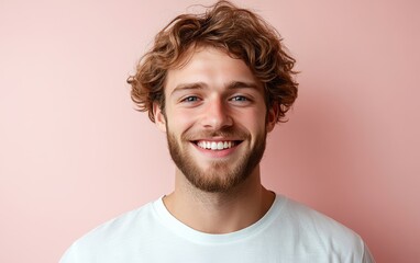 Fototapeta premium man with casual t-shirt is smiling at the camera, solid color background