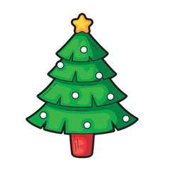 Green Christmas tree with white balls and a yellow star. Suitable for holiday greeting cards or festive social media posts