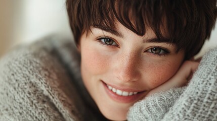 close up portrait of woman wearing grey sweater