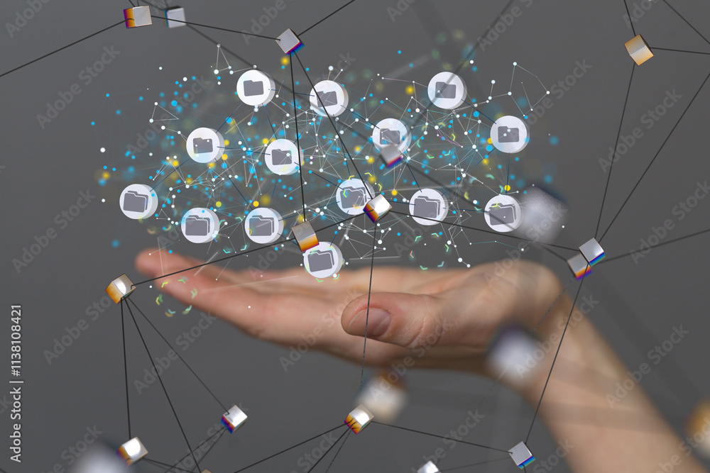 Poster Data cloud storage network from lines, triangles and particle style design.