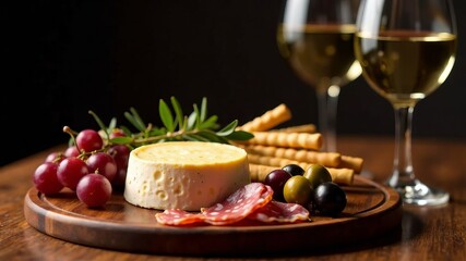 Snack plate with cheese, grapes, salami and white wine on wooden background