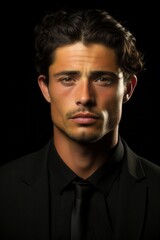 Fototapeta premium Confident young man dressed in a black suit with curly hair against a dark background showcasing elegance and poise during a formal event