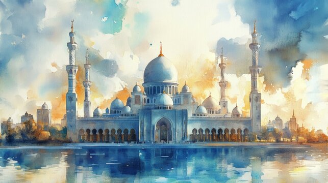 mosque, eid mobarak theme, watercolor