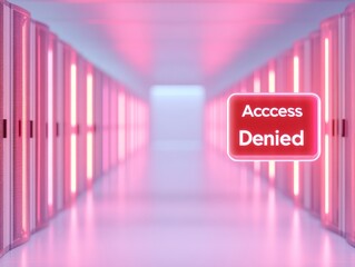 Futuristic Data Center with Holographic Access Denied Icon - Concept of Cybersecurity and Digital Security