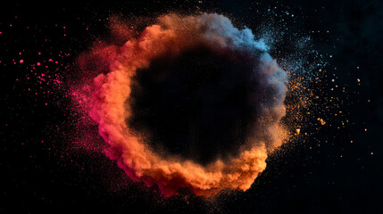Color powder explosions with circle banner. Splash of paint dust with particles. Vector realistic clouds of colorful powder, burst effect with copy space for text isolated on transparent background