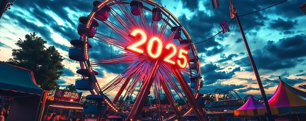 A vibrant carnival setup with 2025glowing on a spinning Ferris wheel in vivid colors