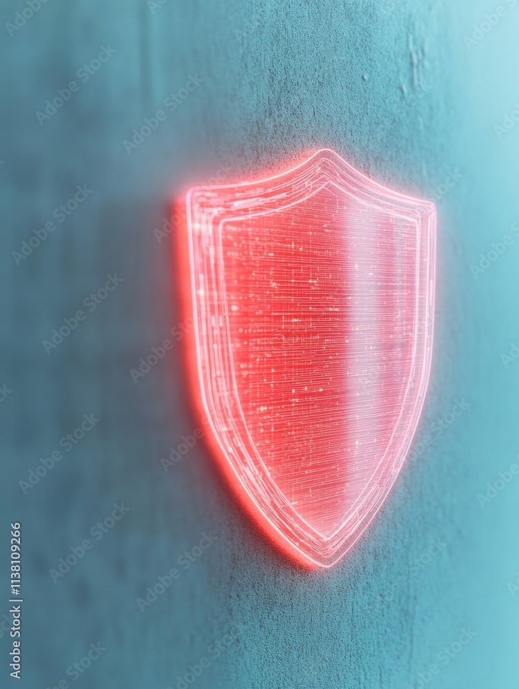Poster glowing holographic firewall icon in dimly lit room highlighting digital security
