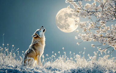 Fototapeta premium Mystical scene of a wolf howling at the full moonю. Ideal as a background banner or screensaver for devices and social media.