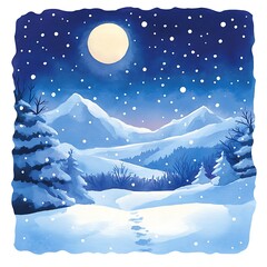 Serene Winter Night Landscape Watercolor Painting of Snowy Mountains under a Full Moon.