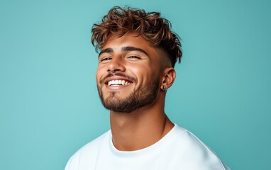 Obraz premium man with casual t-shirt is smiling at the camera, solid color background