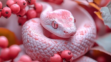 Fototapeta premium Pink snake coiled amidst red berries and autumn leaves.