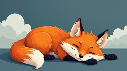 Obraz premium Tired Fox in Dark Silver and Orange Clouds