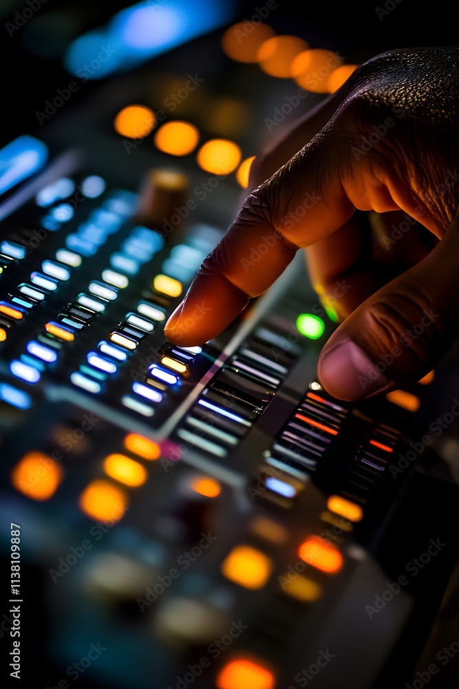 Poster a close-up of a hand adjusting controls on a sound mixing console, highlighting audio production.
