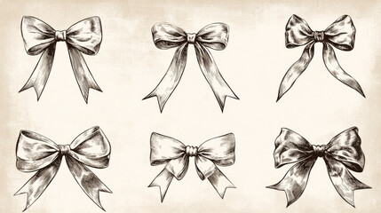 Bows. Design set. Hand drawn engraving. Editable vector vintage illustration. Isolated on light background. 8 EPS 