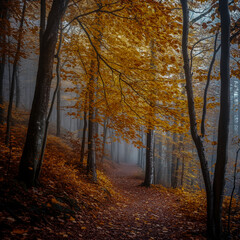 Fototapeta premium Harmonic autumn scenery in a colorful beech forest, with a footpath and a beam of soft light in tranquil misty atmosphere.