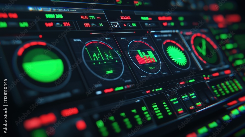 Poster a high-tech control panel featuring vibrant green and red indicators, gauges, and graphs, showcasing