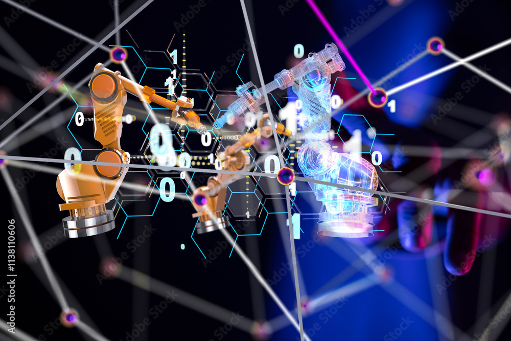 Poster neural network 3d illustration. big data and cybersecurity - 3d
