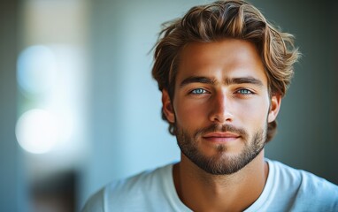 Obraz premium man with casual t-shirt is smiling at the camera, blurred room background