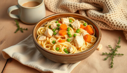 A hearty bowl of chicken noodle soup with carrots, peas, and herbs, styled against a cozy backdrop.

