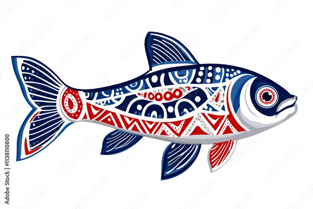 Poster a flat design of a koi fish with flowing fins, depicted in bold red and white patterns with a minima