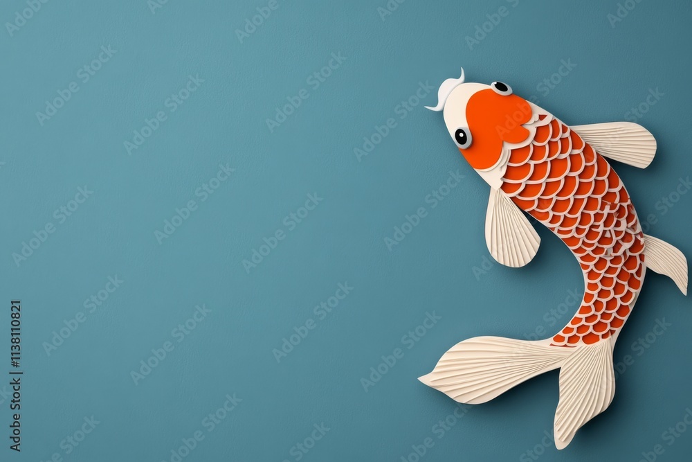 Poster a flat design of a koi fish with flowing fins, depicted in bold red and white patterns with a minima