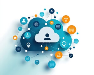 A cloud with many icons and a person in the middle