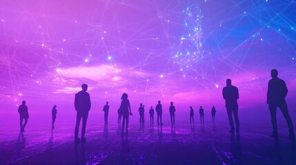 Fototapeta premium Silhouettes of people under a glowing purple digital network sky