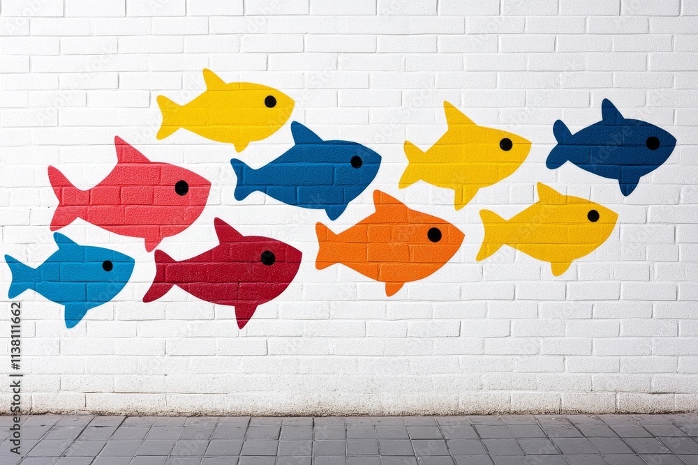 Poster a geometric design of a school of fish swimming in formation, using abstract shapes and vibrant colo
