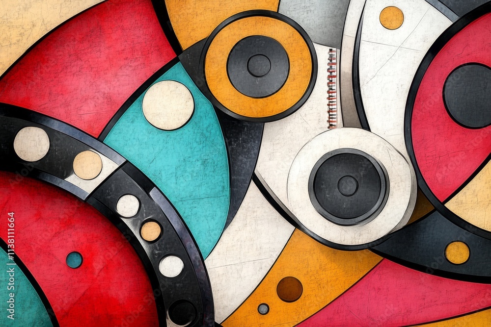 Poster A geometric design of overlapping filmstrips forming abstract patterns, using muted tones for a sleek aesthetic