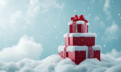 A stack of red and white gift boxes with ribbons, on snow against a light blue background