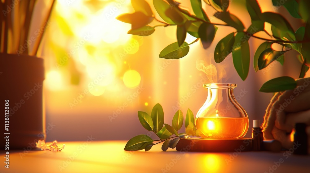 Poster a soft-focus image of essential oils and a diffuser glowing warmly in a peaceful relaxation room