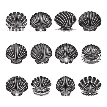 Clam Silhouette Vector Illustration, Solid White Background.