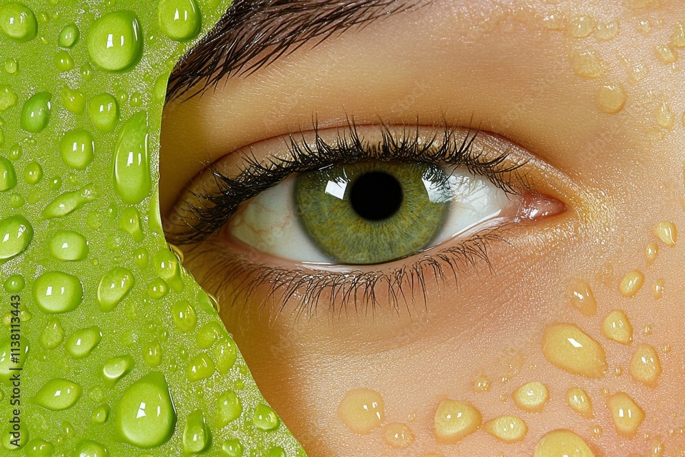 Poster A hyper-realistic close-up of a face with water droplets, each detail meticulously captured in high definition