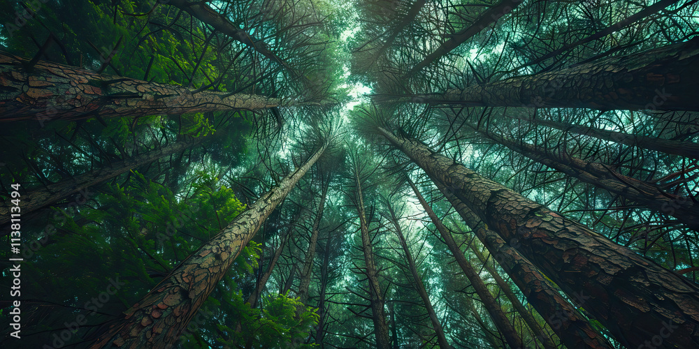 Poster low-angle view of pine tree trunks in a forest