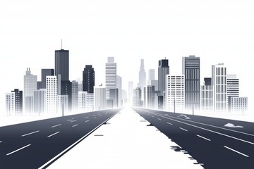 Obraz premium White background, simple vector illustration of a cityscape with buildings and roads, in grayscale with sharp lines, featuring white space 