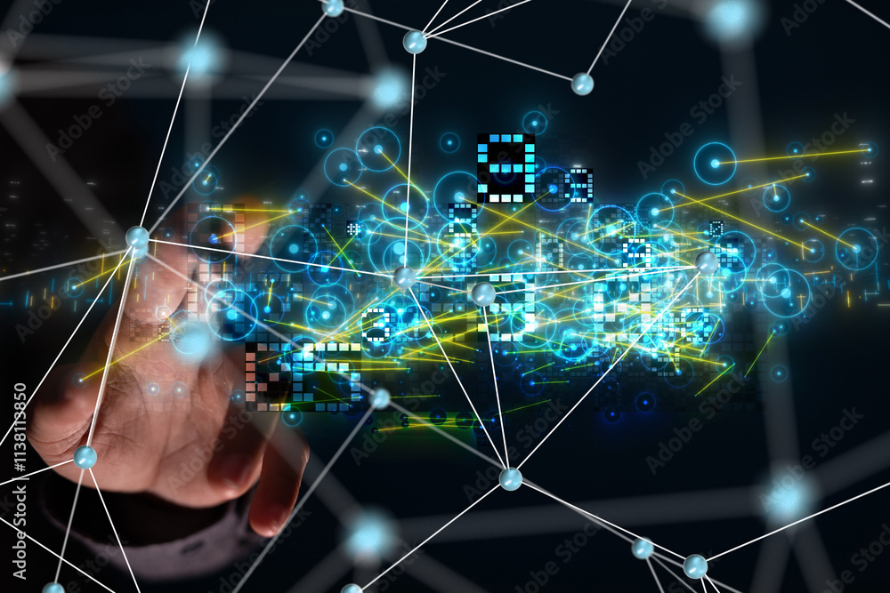 Poster neural network 3d illustration. big data and cybersecurity