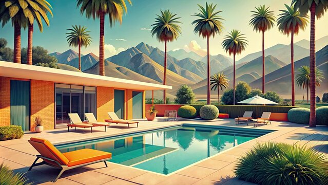 Sun-drenched Palm Springs poolside: retro swimwear, mid-century modern vibes, summer bliss.