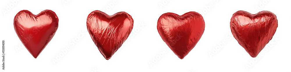 Poster four shiny red hearts arranged in a row, each with a distinct texture and shape, symbolizing love an