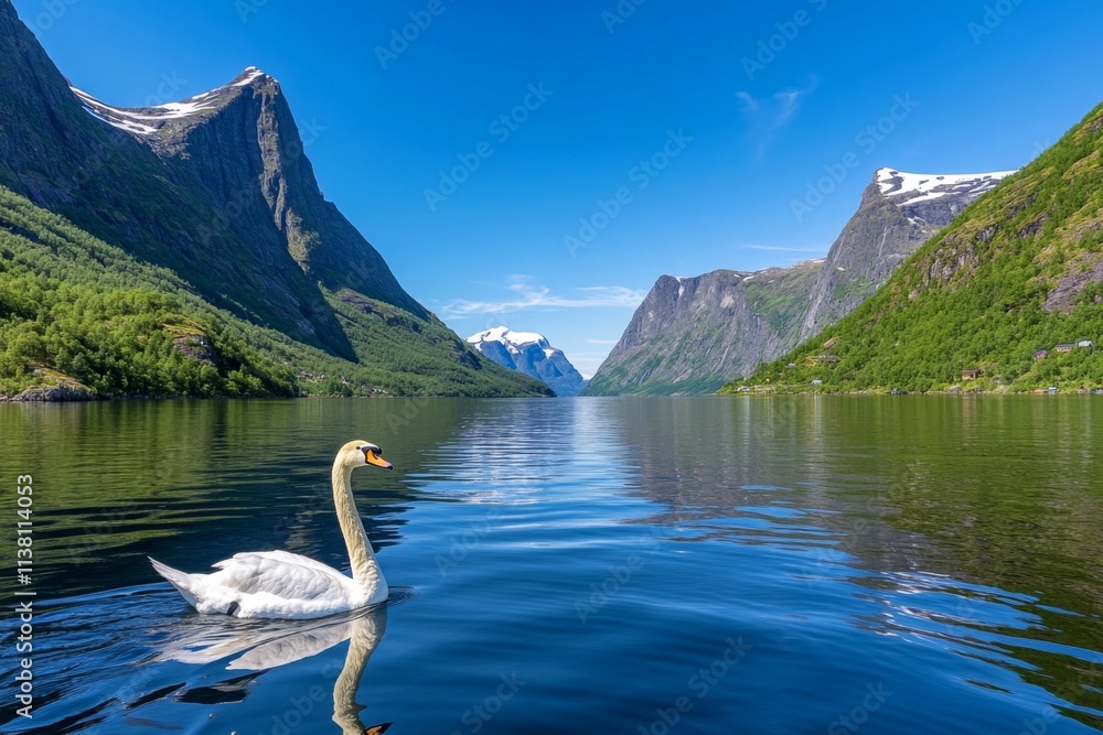 Poster a lone swan gliding across a fjord surface, creating gentle ripples that spread outward in the calm 