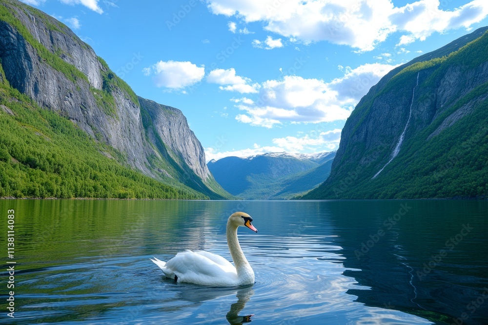 Poster a lone swan gliding across a fjord surface, creating gentle ripples that spread outward in the calm 