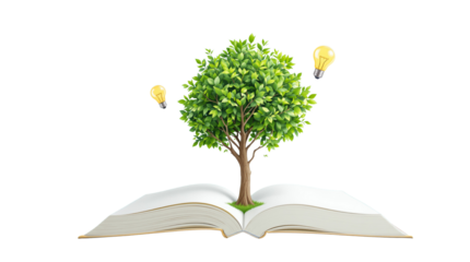 Open book with a green tree growing from its pages, surrounded by lightbulbs, isolated on white. Concept of knowledge, creativity, and innovation. Ai generative