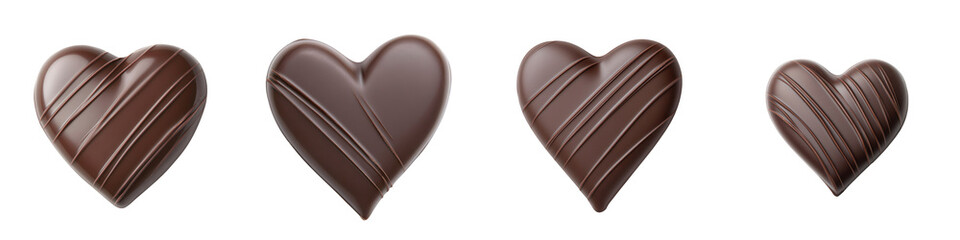 Dark chocolate hearts with a glossy finish, showcasing various sizes and textured surfaces, ideal for romantic occasions or sweet treats.