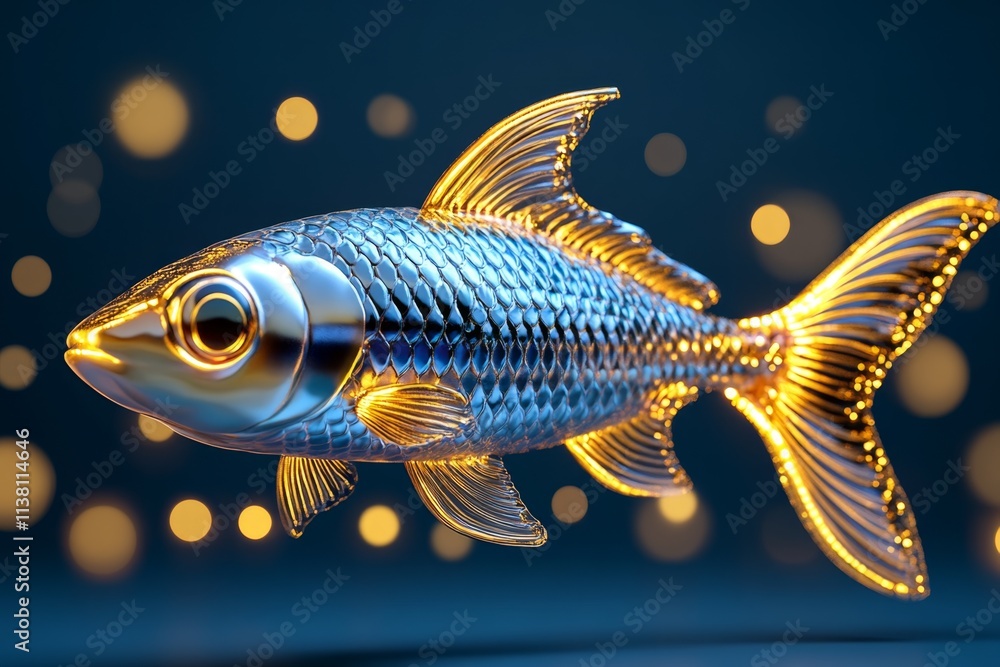 Poster a magical underwater scene with a glowing, mythical fish adorned with iridescent fins and sparkling 