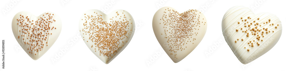 Poster four heart-shaped objects with varying textures and colors, arranged in a row, showcasing unique pat