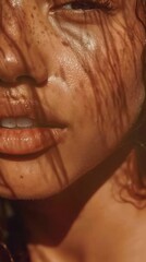 Close up of a beautiful face of a woman with radiant skin, texture and pores. Lighting minimalistic staging © bosotochka