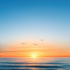 Fototapeta premium A beautiful sunset over the ocean with three birds flying in the sky