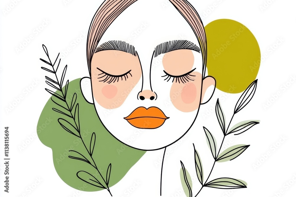 Poster a minimalist line art illustration of a serene face, with clean curves and soft abstract shapes