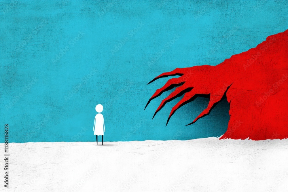 Poster a minimalist poster showing the shadow of a claw reaching toward a small figure standing under a sin