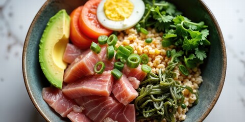 A Vibrant Poke Bowl Featuring Fresh Tuna, Avocado, Seaweed Salad, And Rice